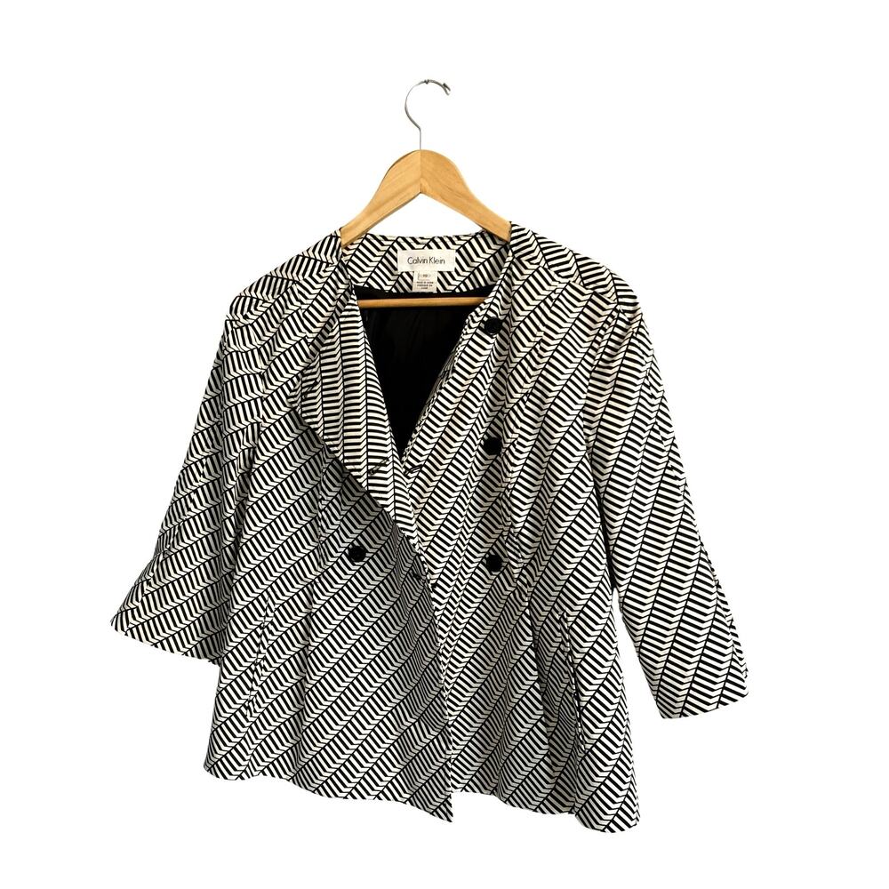 Calvin Klein Blazer, Double Breasted, Tie Waist, Black & White Geometric, 10